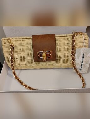NWT Tommy Bahama Clutch/Shoulder Bag - Cream Wicker w/ Brown Trim